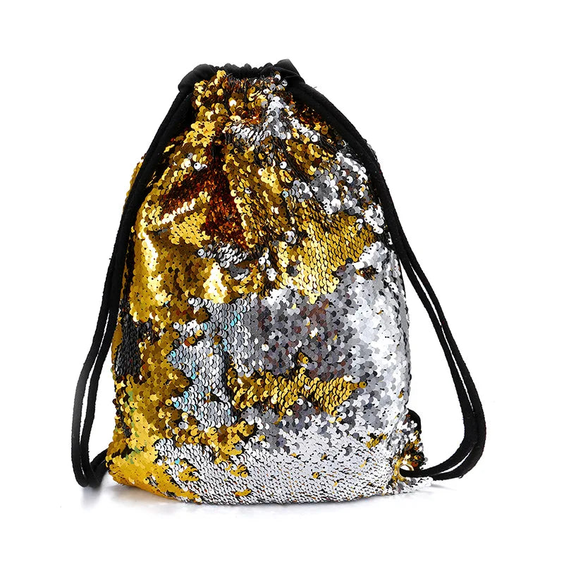 Colorful Sequin Drawstring Backpack Mermaid Beach Bag Glittering School Bag