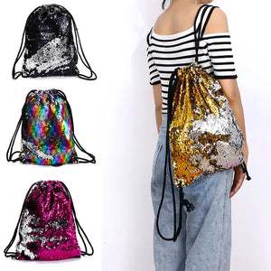 Colorful Sequin Drawstring Backpack Mermaid Beach Bag Glittering School Bag