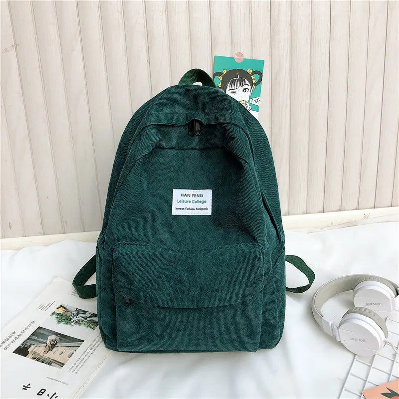 Corduroy Backpack High School College Students Book Bag Retro Female Backpacks