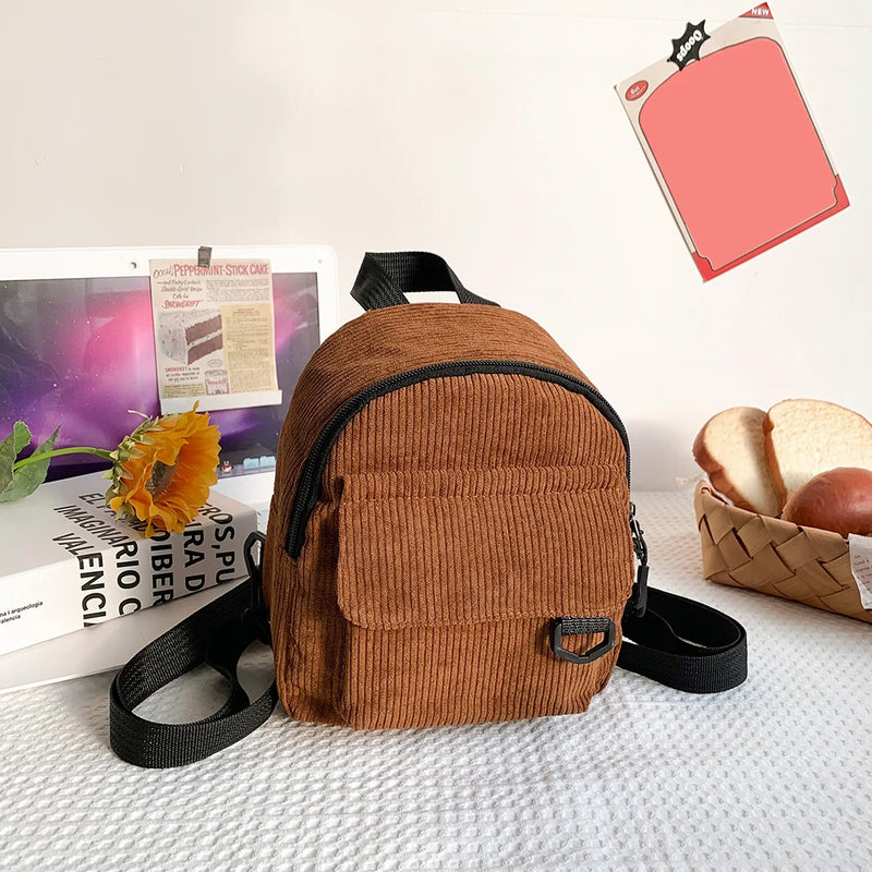 Corduroy Backpack Teenager Girl Small School Bag Winter Preppy Style