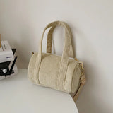 Women Corduroy Barrel Shaped Bag Canvas Handbag Zipper Shoulder Crossbody Bags