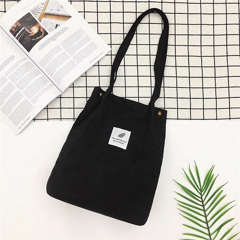 Women Corduroy Shopping Bag Canvas Shoulder Handbag Foldable Eco Tote