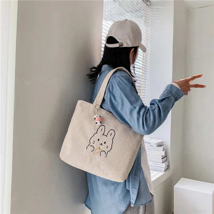 Women Corduroy Shoulder Bag Casual Canvas Tote Soft Crossbody Bags