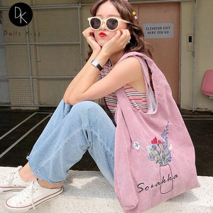 Women Corduroy Shoulder Bag Large Capacity Cloth Travel Grocery Handbag