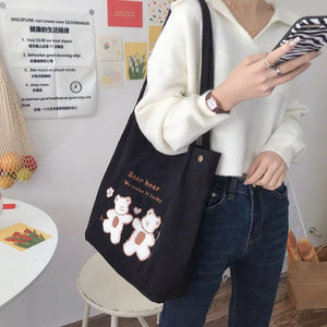 Women Corduroy Shoulder Bag Lucky Bears Embroidery Striped Canvas Handbag