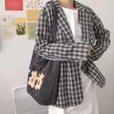 Women Corduroy Shoulder Bag Lucky Bears Embroidery Striped Canvas Handbag