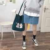 Women Corduroy Shoulder Bag Lucky Bears Embroidery Striped Canvas Handbag