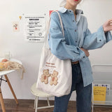 Women Corduroy Shoulder Bag Lucky Bears Embroidery Striped Canvas Handbag