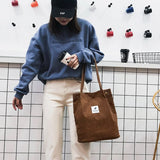 Corduroy Shoulder Bag Reusable Tote Soft Handbag with Button