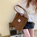 Corduroy Shoulder Bag Reusable Tote Soft Handbag with Button