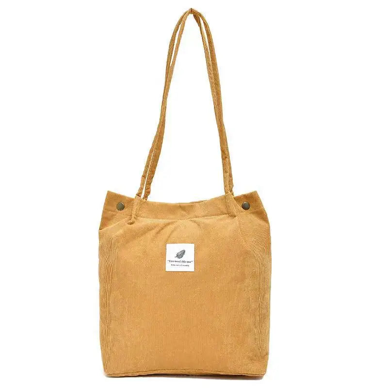 Corduroy Shoulder Bag Reusable Tote Soft Handbag with Button