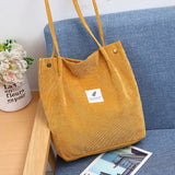 Corduroy Shoulder Bag Reusable Tote Soft Handbag with Button