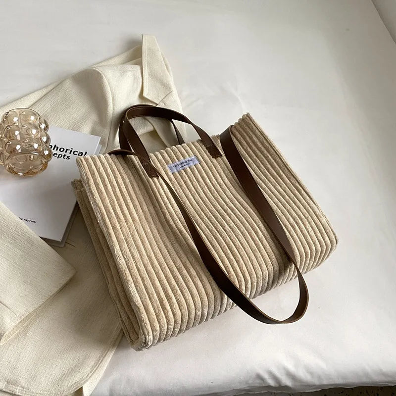 Women Corduroy Shoulder Bag Large Casual Tote Handbag