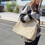 Women Corduroy Shoulder Bags Striped Fabric Handbags Zip Tote Canvas Crossbody B