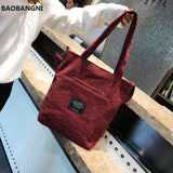 Women Corduroy Shoulder Bag Striped Handbag Zip Tote Canvas Crossbody