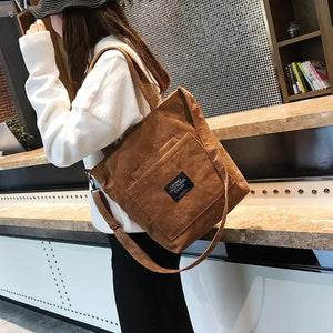 Women Corduroy Shoulder Bags Casual Zip Tote Canvas Crossbody Bag