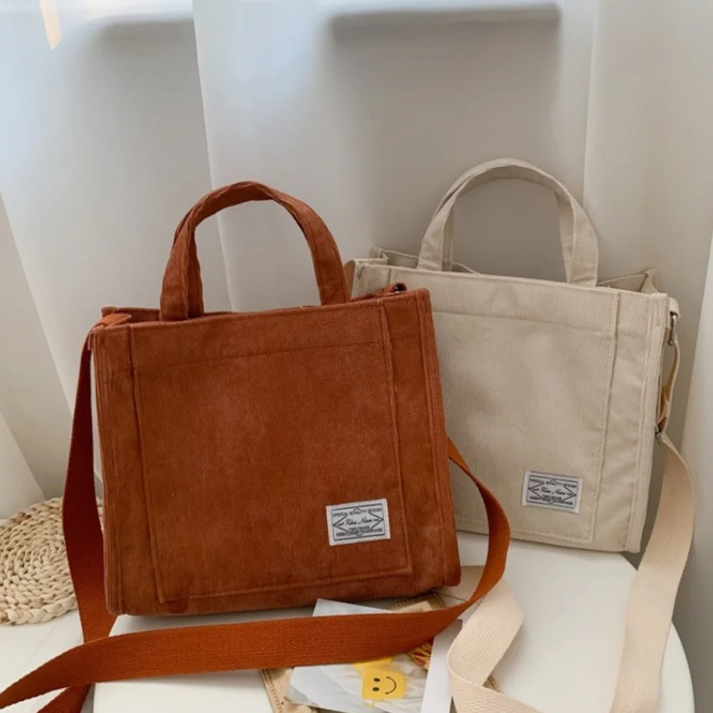 Corduroy Shoulder Tote Bag Vegan Zipper Small Canvas Crossbody Handbag