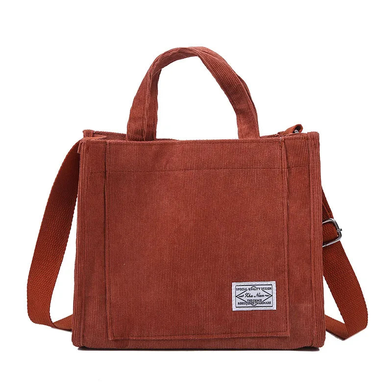 Corduroy Shoulder Tote Bag Vegan Zipper Small Canvas Crossbody Handbag