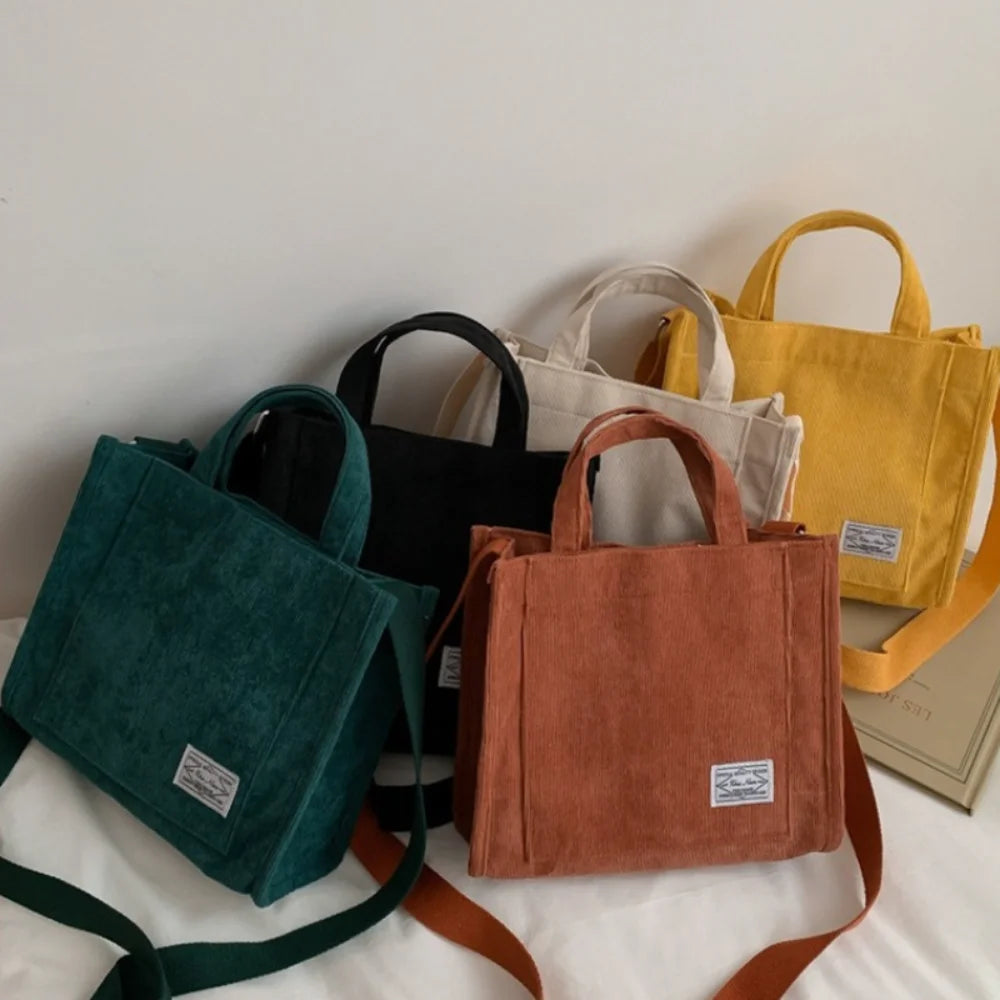 Corduroy Shoulder Tote Bag Vegan Zipper Small Canvas Crossbody Handbag