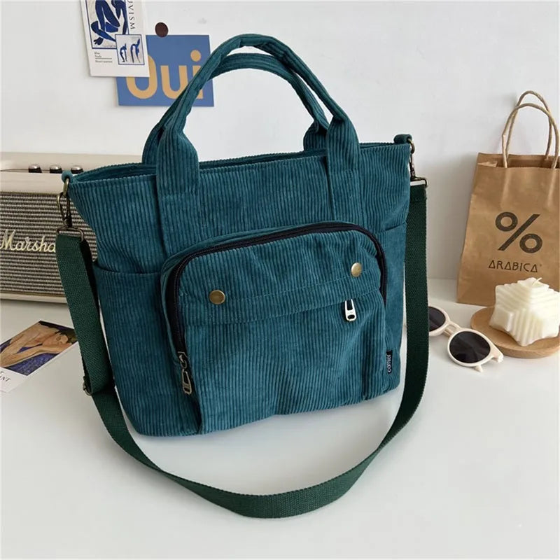 Women Corduroy Shoulder Tote Casual Handbag Canvas Zipper Crossbody Bag