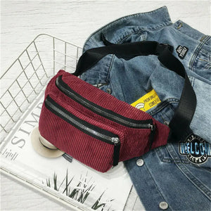 Women Corduroy Waist Bag Canvas Fanny Pack Brown Phone Chest Banana Bag