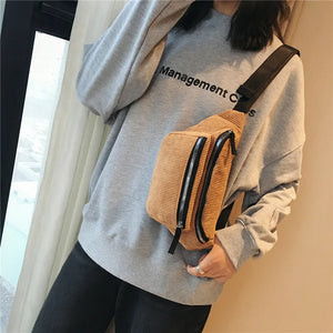 Women Corduroy Waist Bag Canvas Fanny Pack Brown Phone Chest Banana Bag