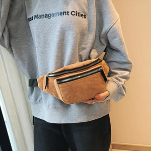 Women Corduroy Waist Bag Ladies Canvas Fanny Pack Brown
