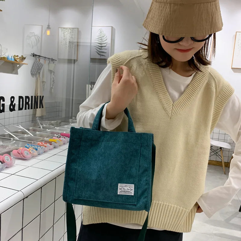 Corduroy Zipper Shoulder Bag Handbag