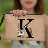 Women Cosmetic Bag Letter Print Linen Zipper Pouch Travel Tote Storage Pouch