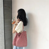 Women Cotton Shoulder Bag Lattice Shopping Bags Girls Lipstick Storage Tote Bag