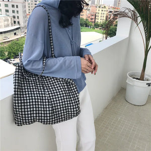 Women Cotton Shoulder Bag Lattice Shopping Bags Girls Lipstick Storage Tote Bag