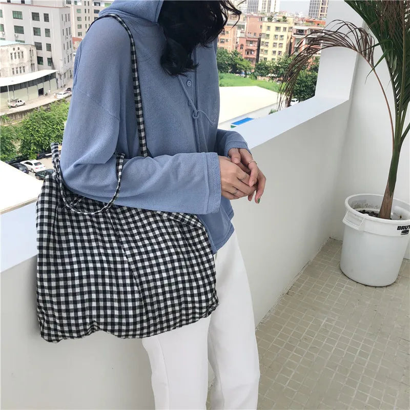 Women Cotton Shoulder Bag Lattice Shopping Bags Girls Lipstick Storage Tote Bag