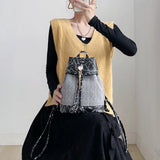 Women Stone Pattern Tassel Backpack Anti-theft Weave Small Bag