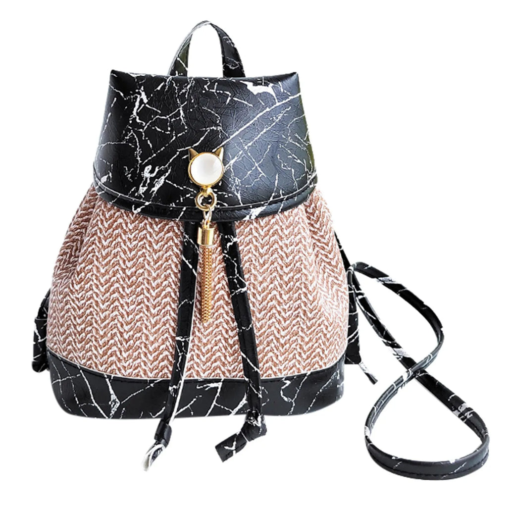 Vintage Stone Pattern Tassel Bag Drawstring Backpack