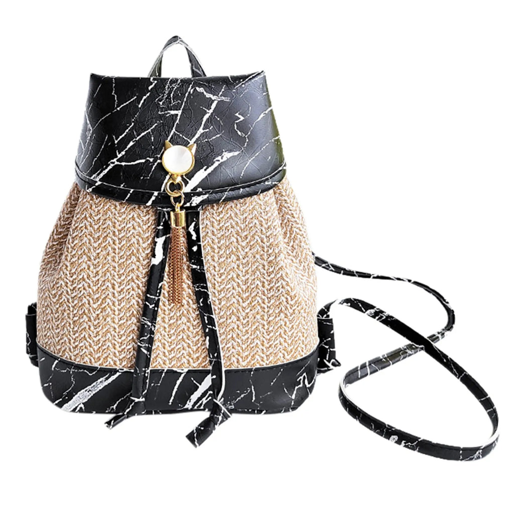 Vintage Stone Pattern Tassel Bag Drawstring Backpack