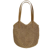 Crochet Shoulder Bag, Straw Woven Tote Bag, Inner Pocket, Beige/Light Brown