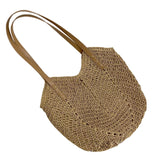 Crochet Shoulder Bag, Straw Woven Tote Bag, Inner Pocket, Beige/Light Brown