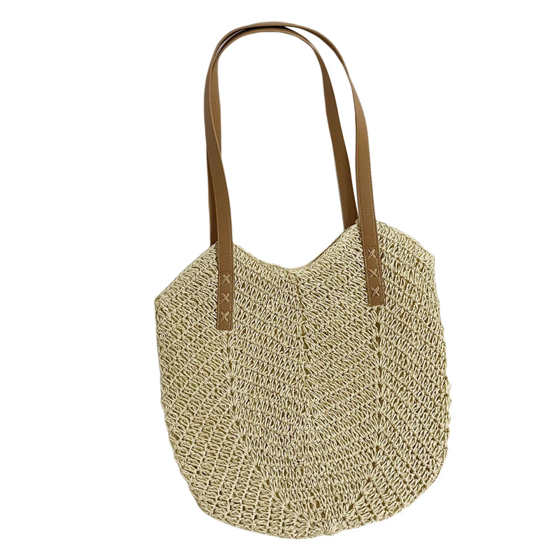 Crochet Shoulder Bag, Straw Woven Tote Bag, Inner Pocket, Beige/Light Brown