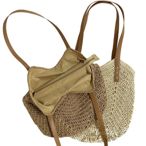 Crochet Shoulder Bag, Straw Woven Tote Bag, Inner Pocket, Beige/Light Brown