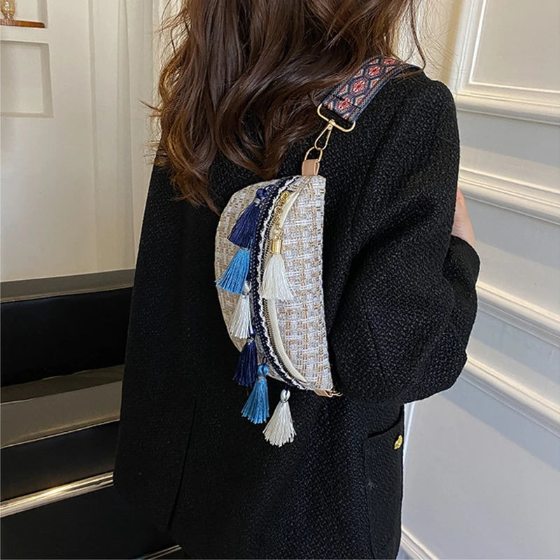 Women Crossbody Bag Tassel Pendant Weaving Decor Messenger Pack Girl Shoulder