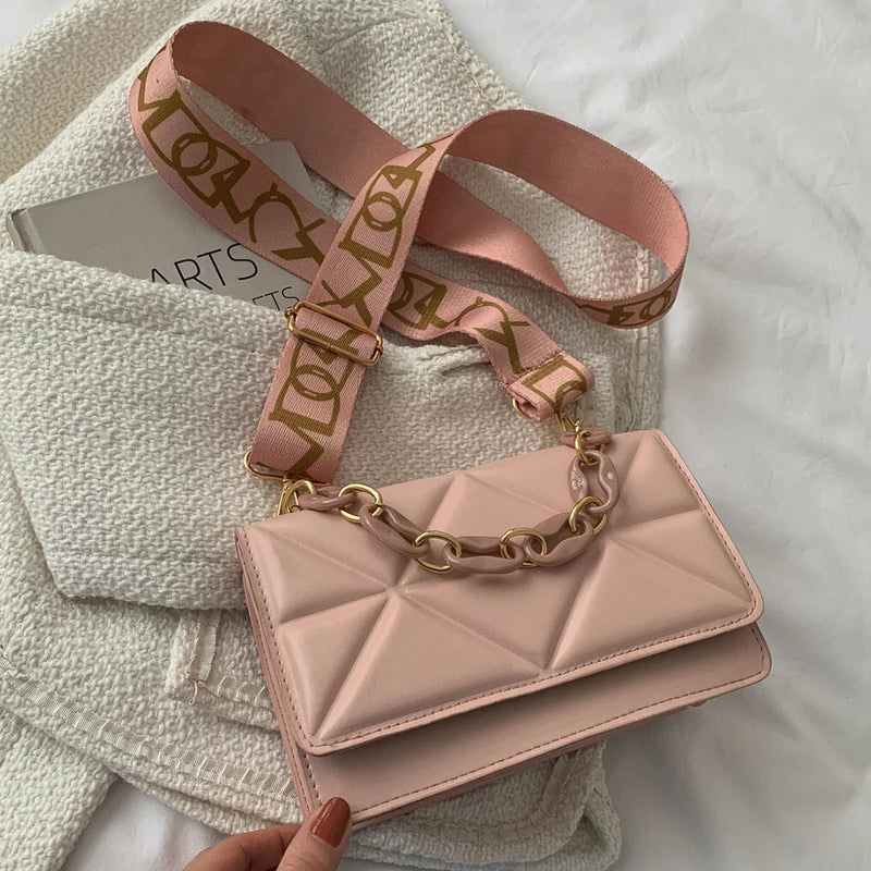 Wide Strap Small Square Crossbody Bag Chain Handbag Solid Color Shoulder Bag