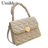 Women Crossbody Bags Pleated Heart Hasp Ladies Hand Bags Casual PU Leather Soft