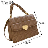 Women Crossbody Bags Pleated Heart Hasp Ladies Hand Bags Casual PU Leather Soft