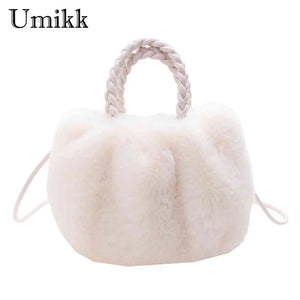 Plush Crossbody Handbag with Woven Handle - Soft Winter Purse