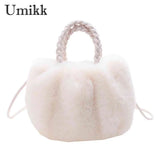 Plush Crossbody Handbag with Woven Handle - Soft Winter Purse