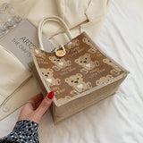 Women Bear Pattern Shoulder Bag Flax Female Student Handbag Casual Tote Bags