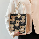 Women Bear Pattern Shoulder Bag Flax Female Student Handbag Casual Tote Bags