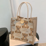 Women Bear Pattern Shoulder Bag Flax Female Student Handbag Casual Tote Bags