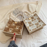 Women Bear Pattern Shoulder Bag Flax Female Student Handbag Casual Tote Bags