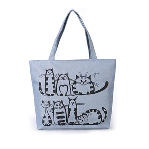 Women Cat Print Canvas Shoulder Bag Zipper Tote Handbag UND